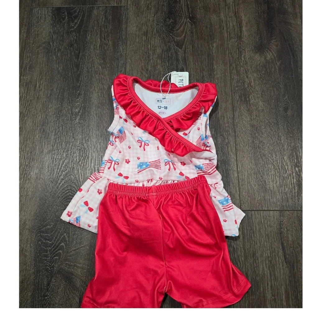 Pete + Lucy Baby Girl Americana Gingham Flag Ruffle Top Shorts Set 12-18 Month